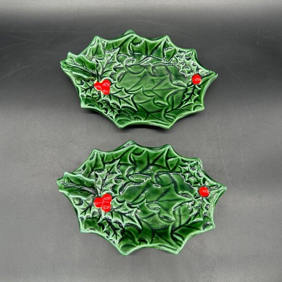 Vintage Trinket Dishes Ashtrays Lefton Holly Berry 1970s Christmas Decor Green - Picture 2 of 9